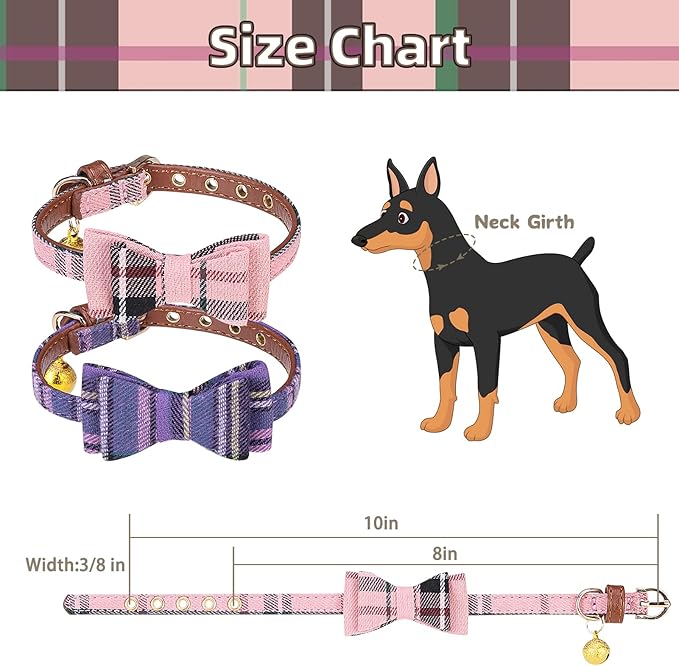 PUPTECK Puppy Collar with Bell XXS Dog Collar Charm Adjustable Bowtie Soft Leather for Cats Kittens Extra Small Dogs 2 Packs