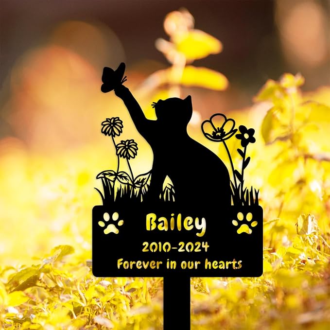 Custom Cat Grave Marker Cat Burial Stake, Personalized Butterfly Flowers Cat Memorial Garden Stake, Metal Cat Memorial Plaque for Outdoors, Customized Pet Headstone