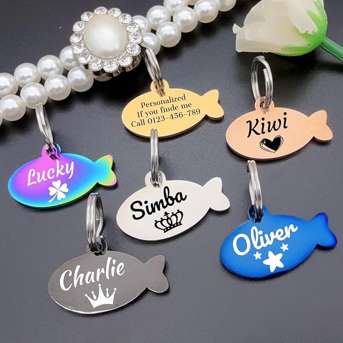 Stainless Steel Cat ID Tag Personalized Pet Tags with up to 4 Lines of Custom Text, Small Pet Mini Dog Cat Tag Lightweight, Engraved on Both Sides, Multiple Patterns Colors Size Options (Fish Icon)