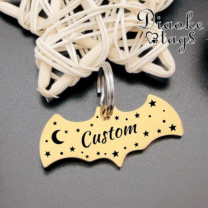 Stainless Steel Cat ID Tag Personalized Pet Tags with up to 4 Lines of Custom Text, Small Pet Mini Dog Cat Tag Lightweight, Engraved on Both Sides, Multiple Patterns Colors Size Options (Bat Shaped)