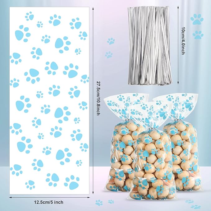 Blulu 200 Pcs Dog Treat Bags Pet Paw Cellophane Bags Dog Party Favor Heat Sealable Treat Paw Gift Cat Candy Bag with 200 Pcs Silver Twist Ties for Pet Party Favors(Blue)