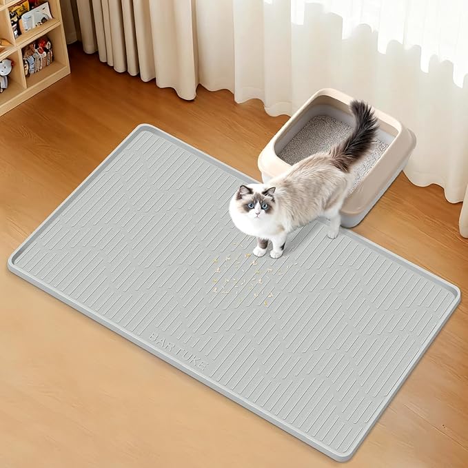 Silicone Cat Litter Mat, 34" x 20" Large Cat Litter Box Mat Litter Trapping Mat for Scatter Control, Waterproof, Soft on Kitty Paws, Clean Floor (Grey)