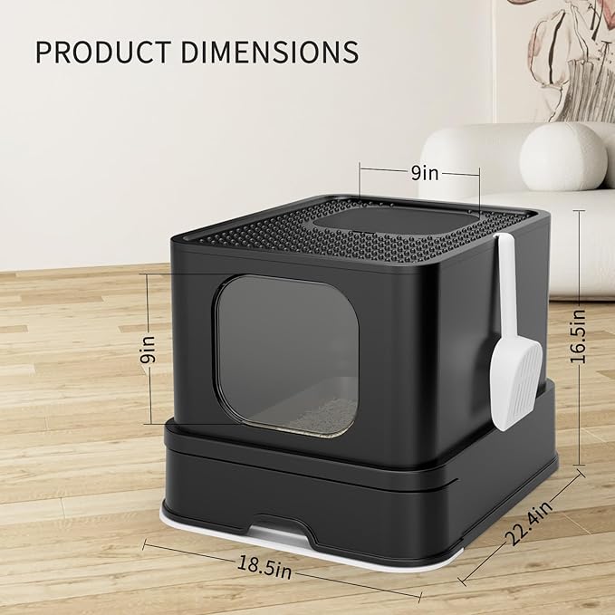 RIZZARI Stainless Steel Cat Box: Spacious Black Enclosed Top-Entry - Teflon Coated Pan Resists Sticking - Reduces Tracking & Odor - Leakproof & Easy to Clean - Fits Large Cats in Living Room Garage