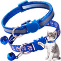 2 Pack Kitten Collars, Claw Print Reflective Cat Collar with Bells Breakaway Safety Buckle Adjustable for Girl and Boy Kitty Pets, Dark Blue