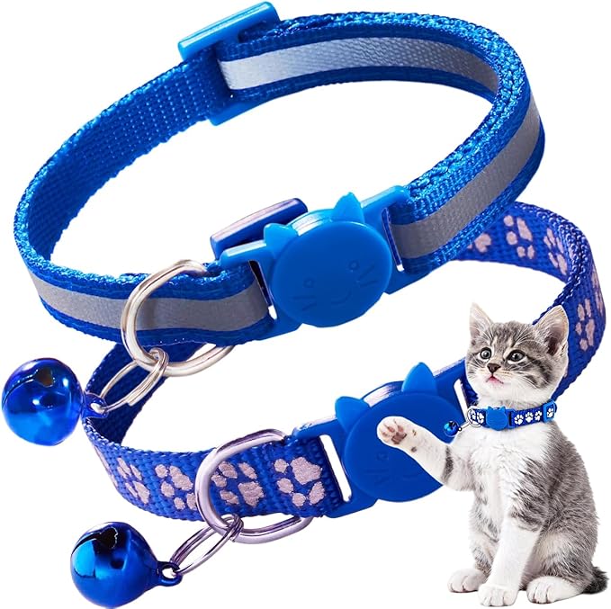 2 Pack Kitten Collars, Claw Print Reflective Cat Collar with Bells Breakaway Safety Buckle Adjustable for Girl and Boy Kitty Pets, Dark Blue