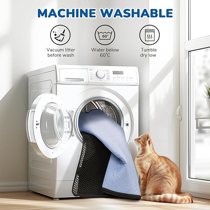 BurgeonNest Cat Litter Mat 47" x 35" Upgraded Felt & Fabric Material Cat Trapping Mat for Fewer Creases, Extra Large Hold 3-4 Litter Boxes Urine-Proof Non-Slip, Machine Washable, Soft on Paws, Black