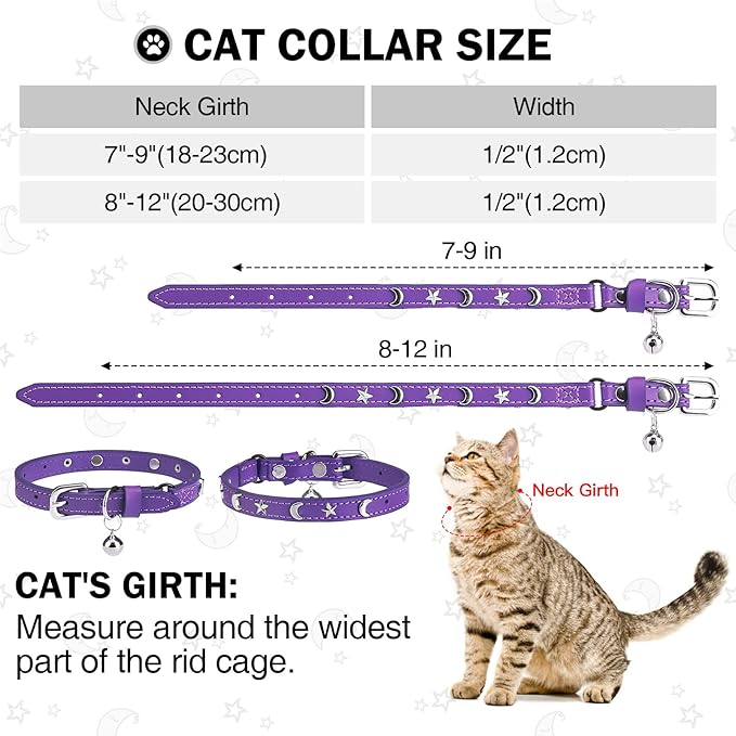 Leather Cat Collars for Boy Girl Cats with Bell and Safety Elastic Belt, Personalized Star and Moon Stud Adjustable Safe Buckle Collar for Kitty Small Big Cats Size 8-12 Inch, Purple