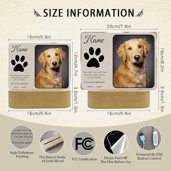 Personalized Pet Night Light Customized Dog Memorial Gift Picture Frame Acrylic Plaque Led Lamp Cat Sympathy Gift for Loss of Pet(Dog Paw)