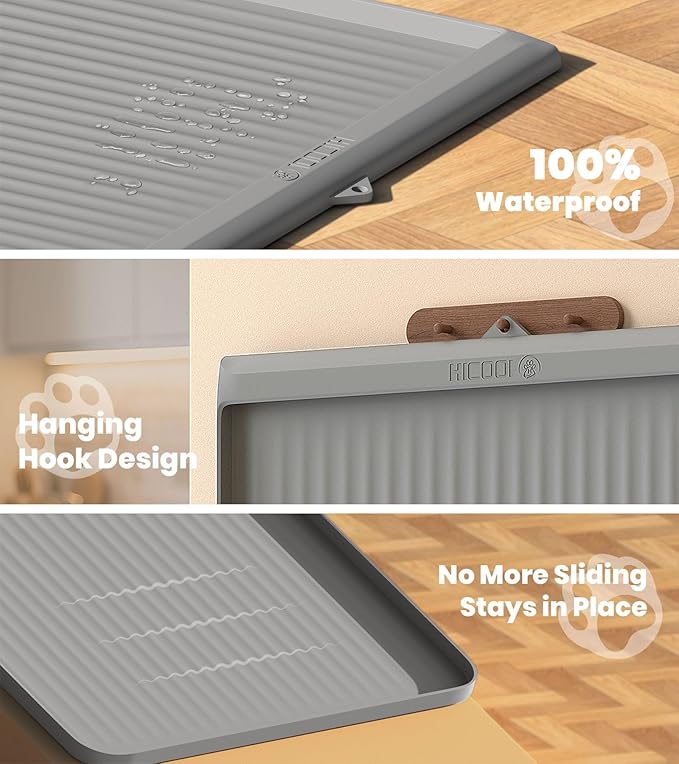 Cat Litter Mat 36x24 Inch, Silicone Litter Box Mat with Raised Edge and Diversion Groove, Waterproof Litter Trapping Mat, Easy to Clean Cat Mat for Litter Box, Grey