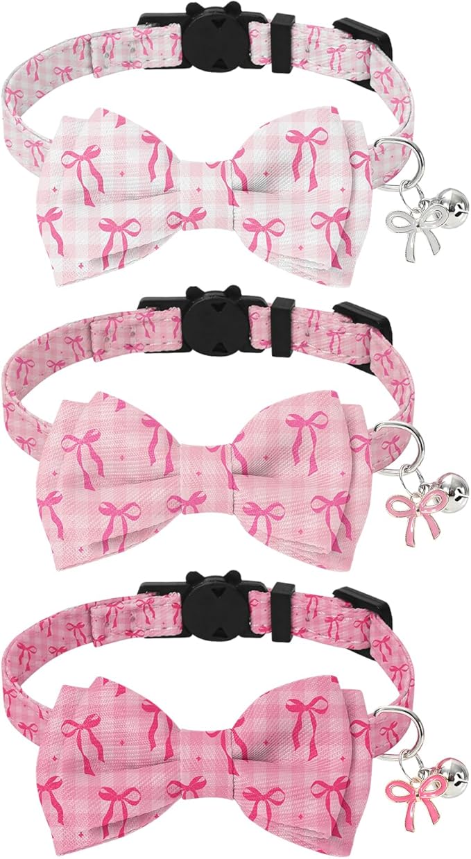 JarThenaAMCS 3 Pcs Pink Bow Cat Collar with Breakaway Bell Bow Tie Plaid Cute Bowtie Adjustable Kitten Collars for Small Pet Girl Boy Cats Small Pet Party
