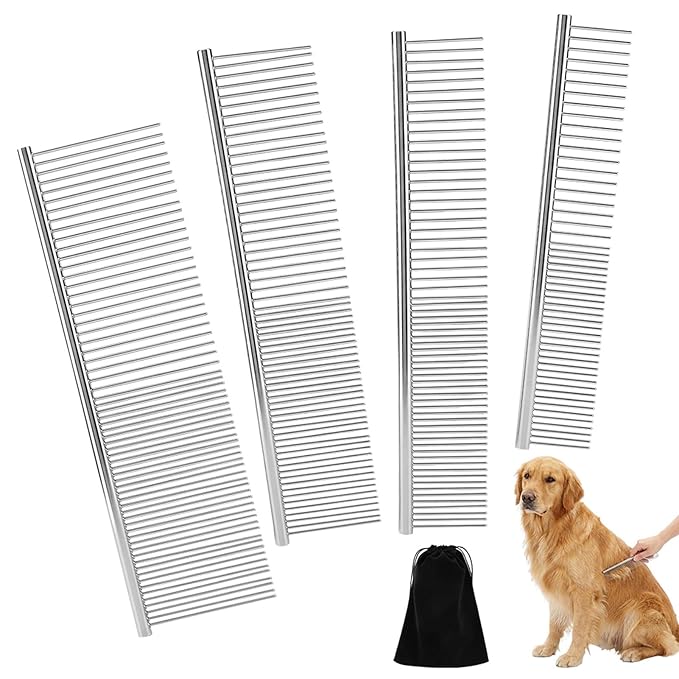 4Pcs Stainless Steel Dog Combs for Grooming Matting, Metal Dog Grooming Combs with Rounded Teeth, Pet Tear Stain Remover Finishing Comb Removing Tangles Knots