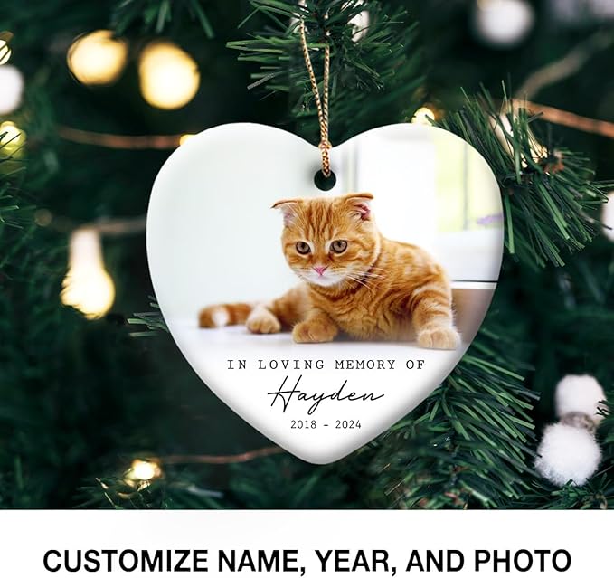 Cat Memorial Ornament - Personalized Ornaments in Loving Memory of Cats - Kitten Loss Bereavement Gift - Sympathy Keepsake for Pet, Cat Owners - Custom Decoration Heart Shaped