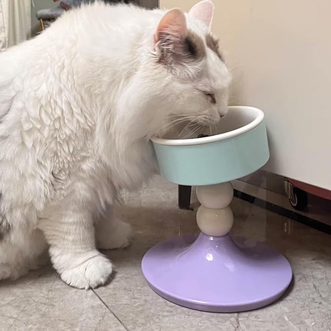 Elevated Cat Bowls, Slanted Ceramic Cat Bowl for Indoor Cats Adjustable Height Kitten Food Bowl Non-Slip Neck Protection Adjusts to 4.69", 5.98", 7.28" (Lavender Mint, S)