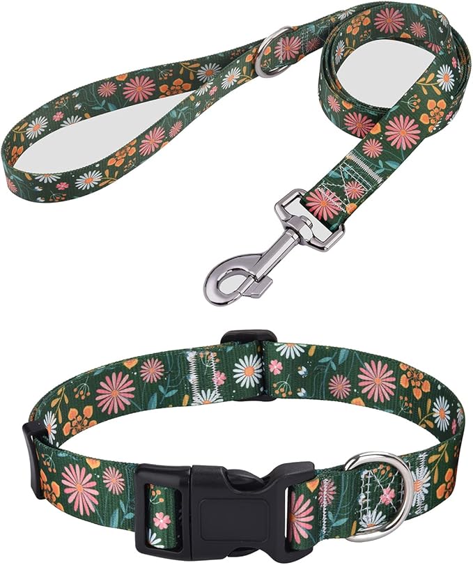 Dog Collar and Leash Set with Bohemia Floral Tribal Geometric Patterns - Soft Ethnic Style Collar Adjustable for Small Medium Large Dogs(Dark Green Flower Set,M)