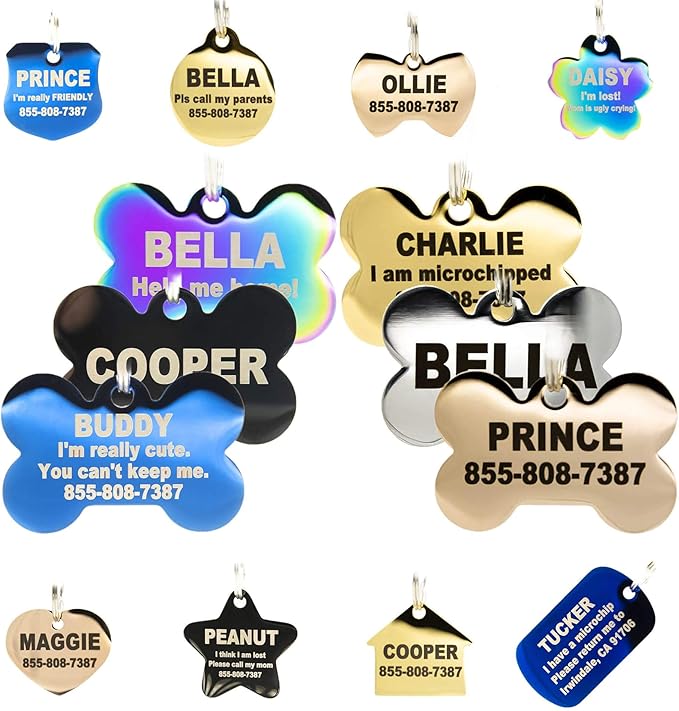 Engraved Dog Tags Personalized - Stainless Steel Engraved Dog Cat ID Tags Front & Back up to 8 Lines of Text Color Plating Gold, Rose Gold, Blue, Black, Nebula Bone Small