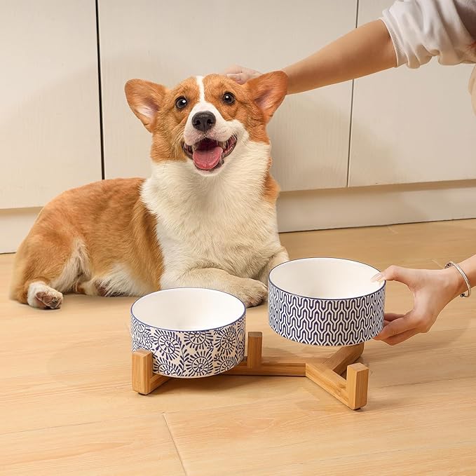 Selamica Ceramic 30 OZ Dog Bowls, Dog Food and Water Bowls with Wooden Stand, Anti-Slip Dogs Dishes Set for Cats Small & Medium Sized Dogs, Weighted Pet Bowls Set of 2, Vintage Blue B