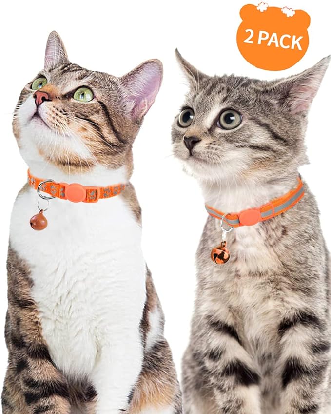 Taglory Reflective Cat Collar Breakaway with Bell, High Visibility Night Strip, Lightweight Adjustable Nylon Collar for Boy Girl Cats, 2 Pack, 7.5-12.5 Inch, Orange