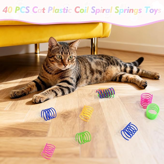 WRW 40 Pack Cat Springs Toy, Plastic Coil Spiral Springs for Indoor Cats, Interactive Cat Spring for Kittens Swatting, Biting, Hunting Kitten Toys（4 Colors）