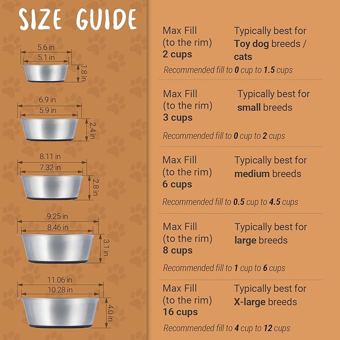 PEGGY11 Deep Stainless Steel Anti-Slip Dog Bowls with Silicone Mat - 2 Bowls + Mat, 2 Cups