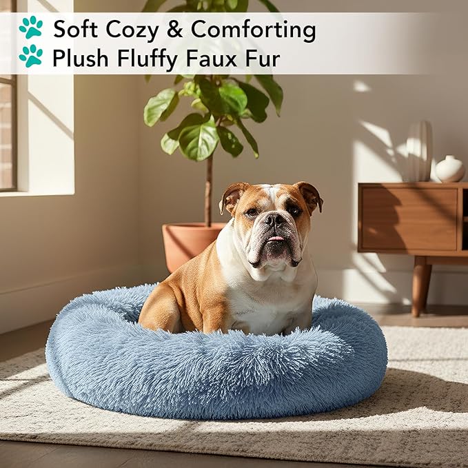 PetAmi Calming Dog Bed for Small & Medium Dogs and Cats, 30 Round Donut Dog Bed, Washable Fluffy Faux Fur Puppy & Cat Bed, Anti-Anxiety Plush Cuddler Pet Bed with Anti-Slip Bottom - Blue