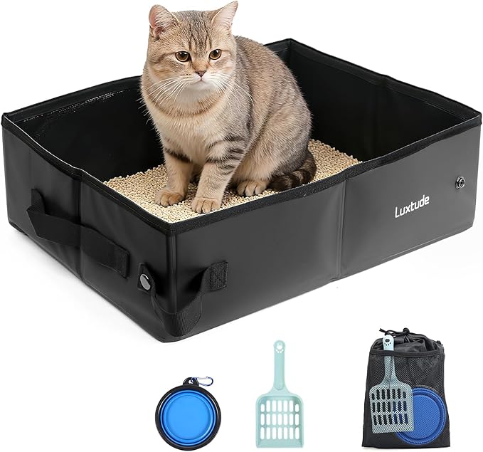 Luxtude Portable Litter Box for Cats, Collapsible Travel Litter Box for Cats in Car, No Smell, Waterproof and Easy Clean, No Leakage for Car, Hotel (Black, Large)