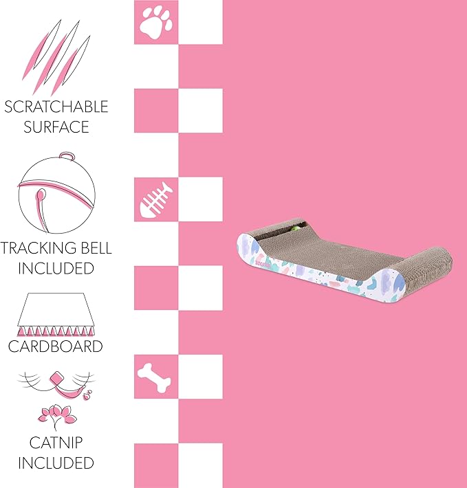 CSR1003A Rini 23.75" Modern Cardboard Lounge Bed Cat Scratcher with Built-in Bell Toys and Catnip, White/Multi