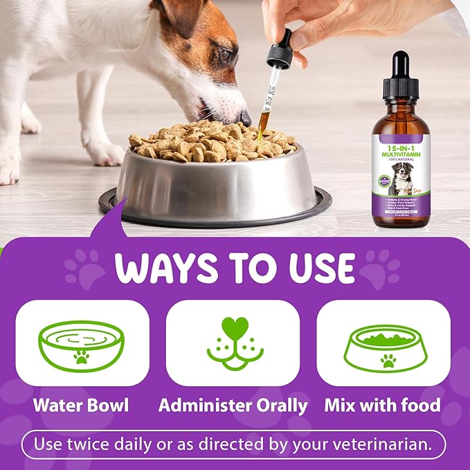 Dog Multivitamin Drops, 15 in 1 Multivitamin Liquid for Dog with Vitamin C-20 Mg, Vitamin D-100 Iu & B1-3,Dog Health Supplements for Skin Care, Joints & Hips,Gut
