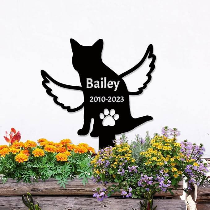 Personalized Metal Cat Memorial Grave Marker, Custom Cat Memorial Grave Marker Cat with Wings Memorial Garden Stake, Customized Paws Cat Marker Name Stake Cat Loss Gift for Garden Decor