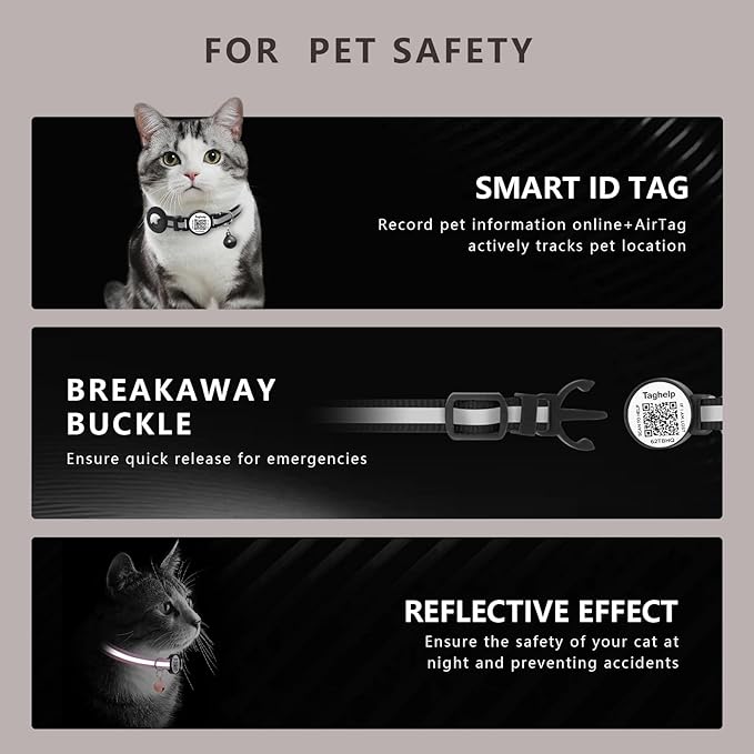 Smart QR Code Cat Collar - 2 Pack Breakaway Safety Collar with Online ID Profile, Reflective, Glow in The Dark & AirTag Holder for Kitten, Cats - Adjustable, Bell Included (Black)