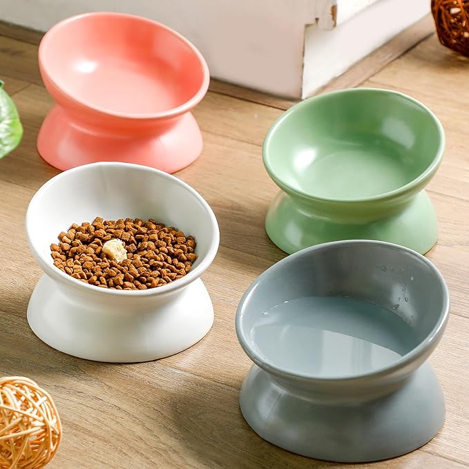 Hushee 4 Pcs Ceramic Raised Cat Food Bowls Elevated Tilted Dish Anti Vomiting Food or Water Bowls Pet Supplies