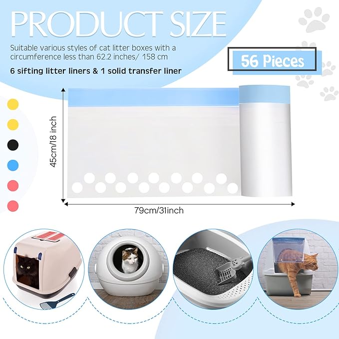 Jutom 56 Count Sifting Litter Box Liners, Drawstring Jumbo Sifting Cat Litter Bags with Holes, 31 x 18 Inch 22 lb Capacity Portable Thick Scratch Resistant Drawstring Bags for Pet Cats