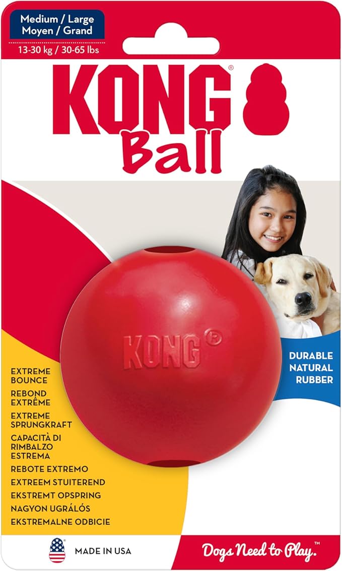 KONG Ball with Hole - Durable Dog Fetch Toy for Training, Interactive Playtime & More - Classic KONG Natural Rubber Ball - Red - For Large/Medium Dogs
