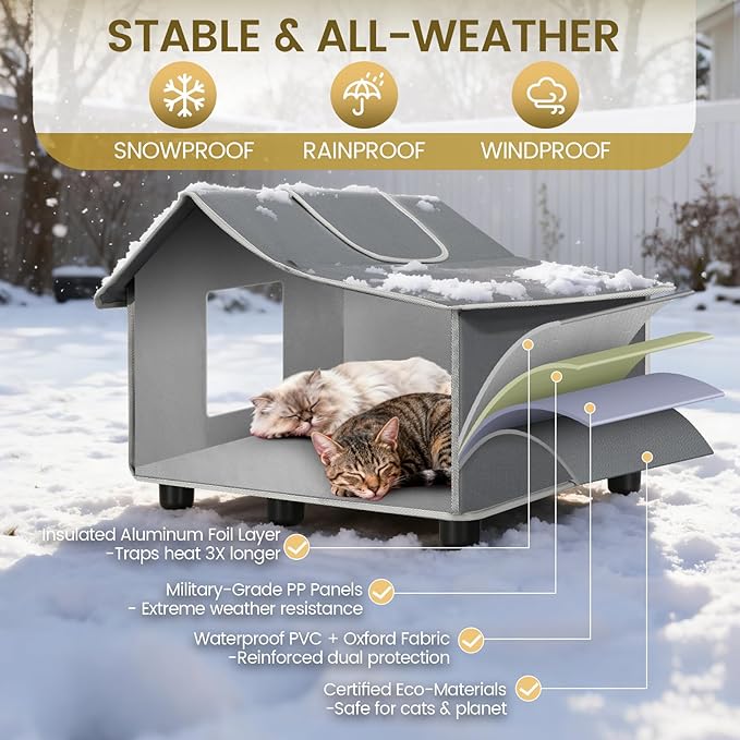 Outdoor Cat House Weatherproof, Outside Cat House for Outdoor Feral Cats, Insulated Cat Shelter with Cozy Mat and Elevated Bases