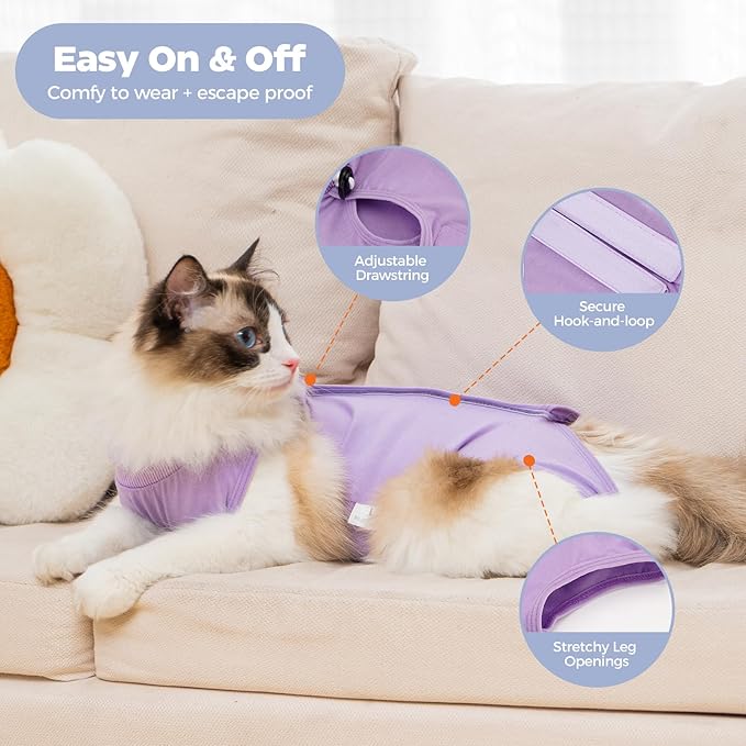 Avont Cat Recovery Suit Female Kitten After Spay Surgery, Breathable Modal Cotton Cat Onesie for Wound & Skin Disease Care, Machine Washable -Purple(L)