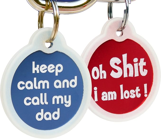 GoTags Funny Dog and Cat Tags Personalized with 4 Lines of Custom Engraved Text, Dog and Cat Collar ID Tags Come with Glow in The Dark Silencer to Protect Tag and Engraving, (Keep Calm Call My Dad)