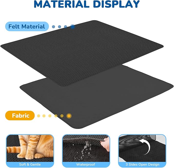 BurgeonNest Cat Litter Mat 47" x 35" Upgraded Felt & Fabric Material Cat Trapping Mat for Fewer Creases, Extra Large Hold 3-4 Litter Boxes Urine-Proof Non-Slip, Machine Washable, Soft on Paws, Black