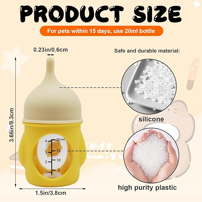 Pet Feeder Bottle Animal Feeding Bottles Kitten Bottles for Nursing Anti-Choking Design for Newborn Kittens Puppies Small Animals with 2 Pcs Replacement Nipple (Yellow, 20 ml)