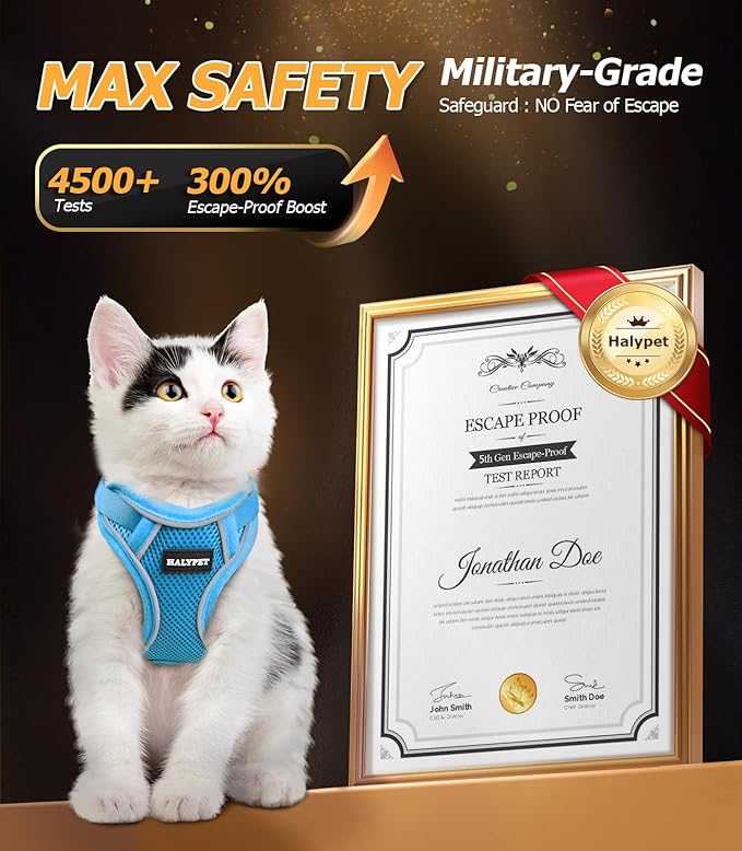 Halypet Cat Harness and Leash Set [MAX Safety 4th-Gen Upgrade] Escape Proof Adjustable Cat Leash Comfortable Soft Vest Easy to Wear Kitten Harness with Reflective Strip for Cats Walking, M SkyBlue