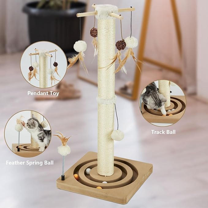 PEEKAB Cat Scratching Post Sisal Scratch Posts for Indoor Cats and Kittens,with Tracking Ball Interactive Toys and Hanging Balls 30 Inches Beige