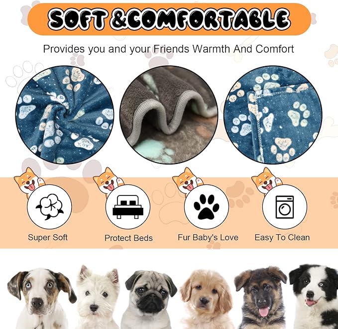 Rezutan Premium Dog Blankets for Large Dogs & Cat Flannel Blanket Washable, Soft Pet Throw Cover for Kennel Crate Bed, Sofas, Cute Paw Pattern,41x31 inch,1Gray & 2Blue