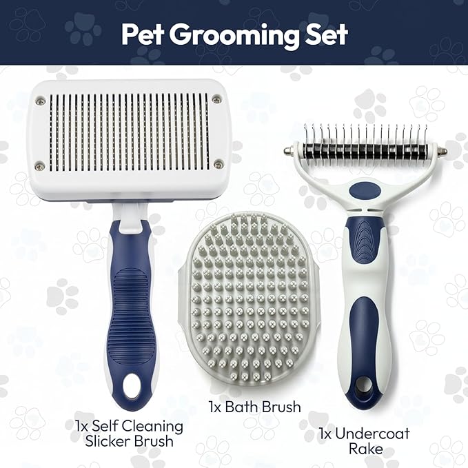 BPG Pet Grooming Tools for Dogs & Cats- 3 Piece Dog Grooming Kit, Slicker Brush, Bath Brush and Undercoat Rake- Non-Slip Easy to Use Deshedding Tools for All Coat Types