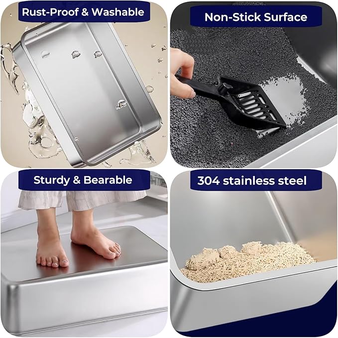 2 pack Stainless Steel Cat Litter Box with High Sides - Metal Cat Pan, Large Indoor Litter Tray, Never Absorbs Odor, Pet Toilet Supplies Smooth Surface for Kitten, Kitty, Rabbit 17.5"13.5"x6"