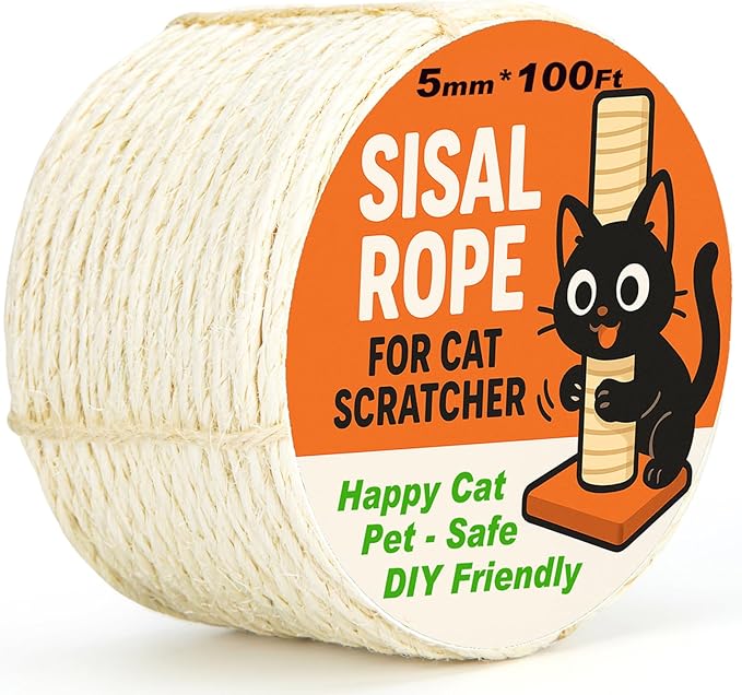 Natural Sisal Rope for Cat Scratcher Tree Thick 5-mm 1/5 Inch by 100 Feet, Cat Tower Climbing Twine for Cat Scratching Post Replacement, Scratch Post Repairing, Replace, Recovering and DIY, White
