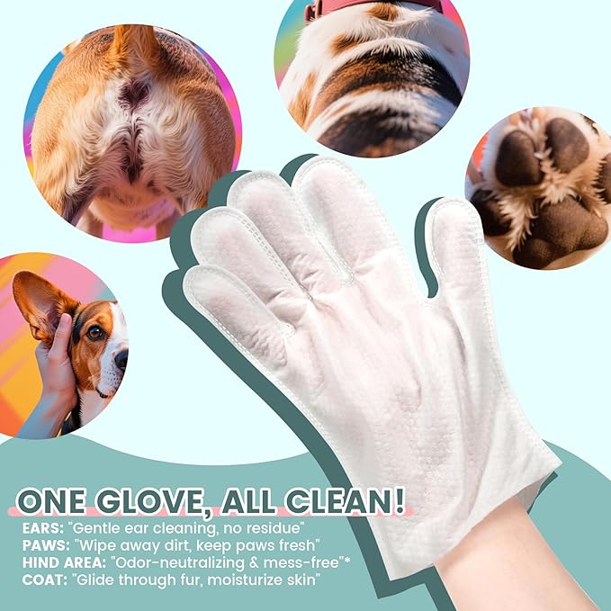 50 Pcs Cleaning Deodorizing Pet Glove Wipes for Dogs & Cats, Hypoallergenic Dog Bath Wipes with Natural Deodorizer Persimmon Tannin, Pet Bathing Wipes for Horse Coat Care Unscented