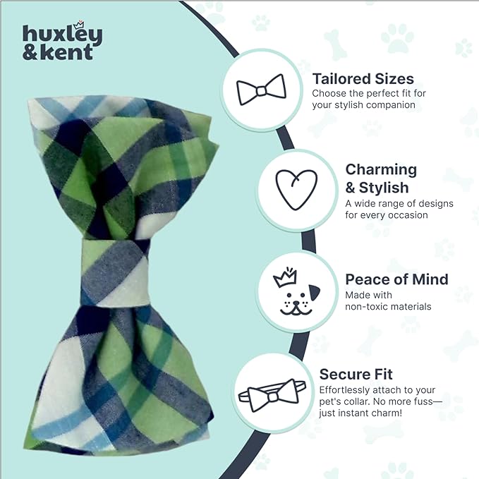Huxley & Kent Pet Bow Tie for Dogs & Cats - Adjustable Hook & Loop Collar Accessory - Cute & Comfortable for Holidays & Celebrations - Lime Madras, Extra-Large