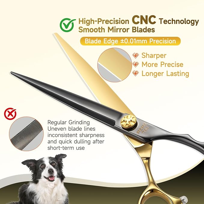 7.5'' Straight Dog Grooming Scissors CNC 440C Blades Sharp and Durable Dog Shears Black and Gold Pet Scissors Smooth Cutting Easy to Use for Professional Groomer