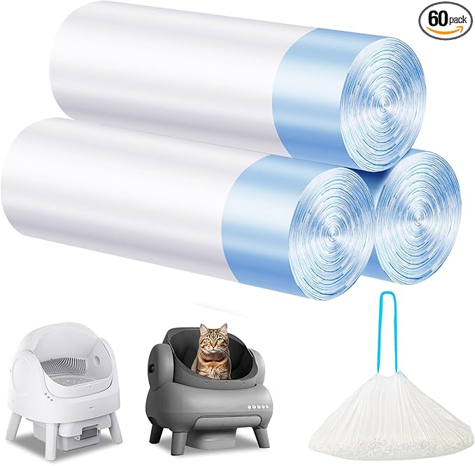 Cat Litter Bags 60 Count,26.37"x15.74" Drawstring Close Litter Box Liners for Automatic Litter Box,Thick Cat Poop Bags,Easy to Clean,Heavy Duty Robot Bag for Self-Cleaning Box