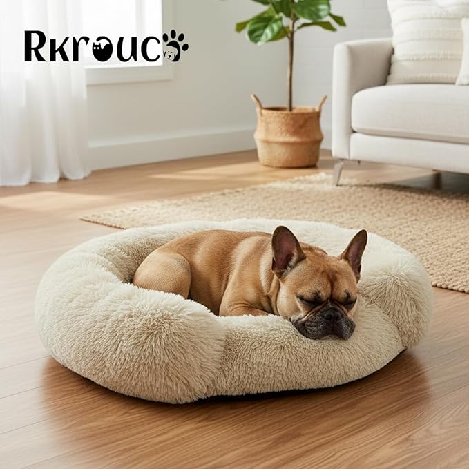 Fluffy Dog Bed Calming Donut Beds for Large Dogs Warming Round Small Medium Pet Nest Cozy Cat Mattress Indoor Washable Puppy Kennel Kittens Sleep Mat (M, 27.5×27.5 inch, Khaki)