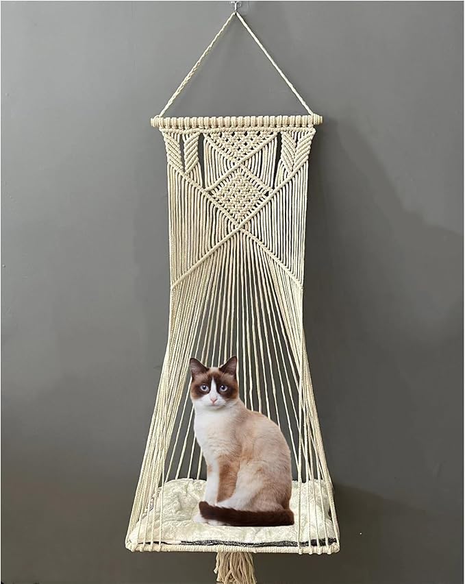 Macrame Hanging Cat Hammock Bed Cat Swing House Space Saving Window Perch with Washed Cotton Cats Toy Tassel Basket Tapestry (Beige, Swing Bed+Cushion, XL)