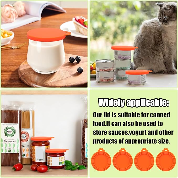 PINE & LINEN 4 Pcs Durable Pet Can Lids,One fit 3 Standard Size Silicone Waterproof Cat Food Cans Lids for 3oz/5.5oz/12.5oz/13.2oz Cat Food Cans（Orange）